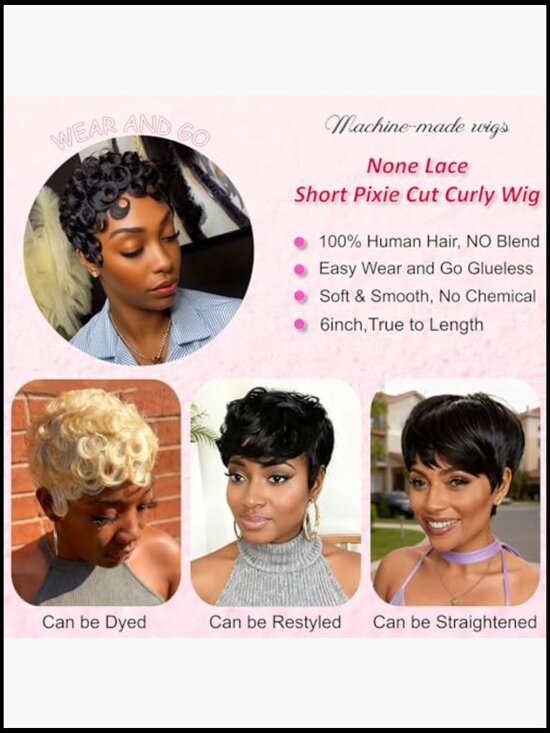 Short Curly Pixie Cut Wig Human Hair Glueless Layered With Bangs Daily Wear main image 4
